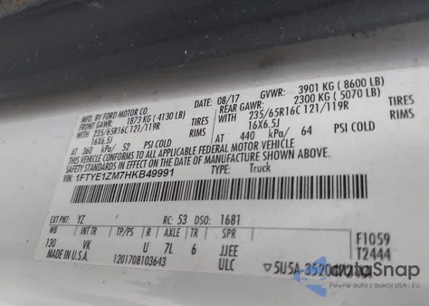 2017 Ford Transit from USA, damaged, VIN 1FTYE1ZM7HKB49991